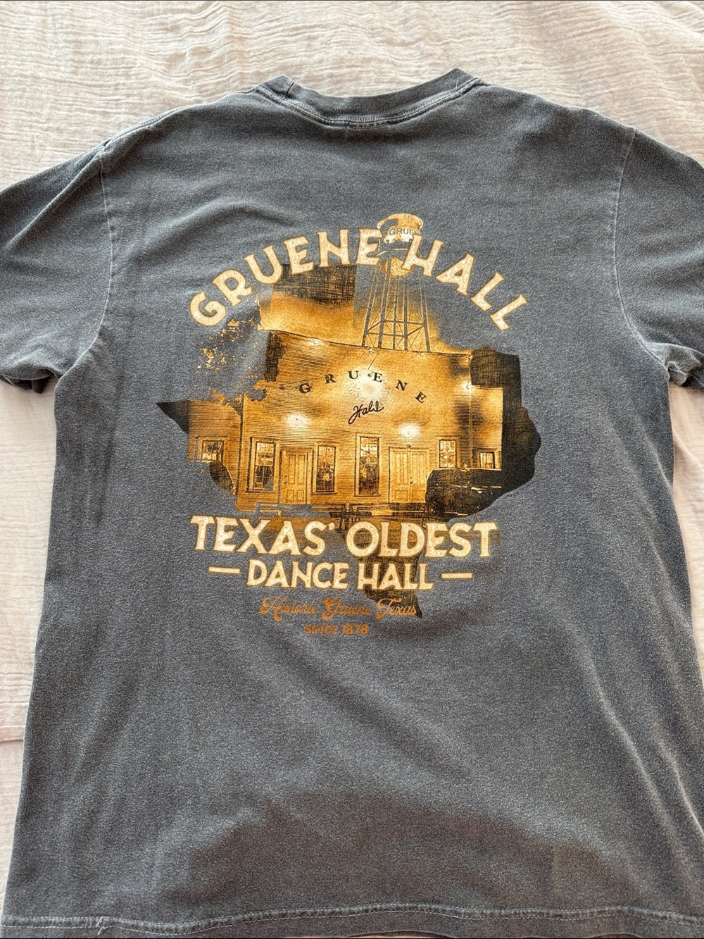 Gruene Hall Texas Oldest Dance Hall T-Shirt Charcoal with Gold Print Austin